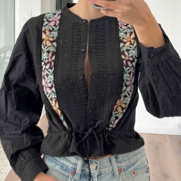 Zara black contrast embroidered pin tuck top NWT - Picture 2 of 8